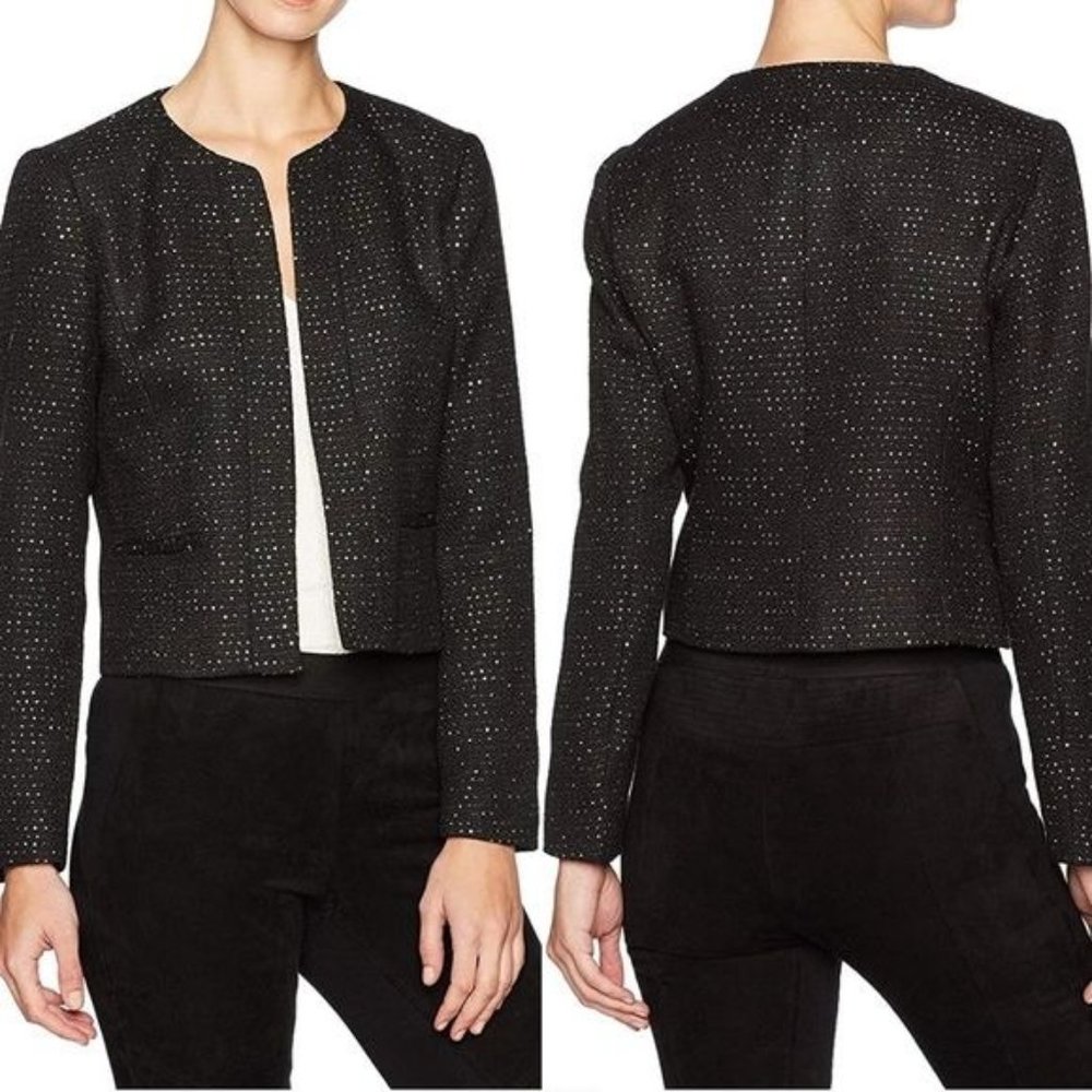 Nine West Black Tweed Sequin Cropped Blazer Jacket Women's Size 2